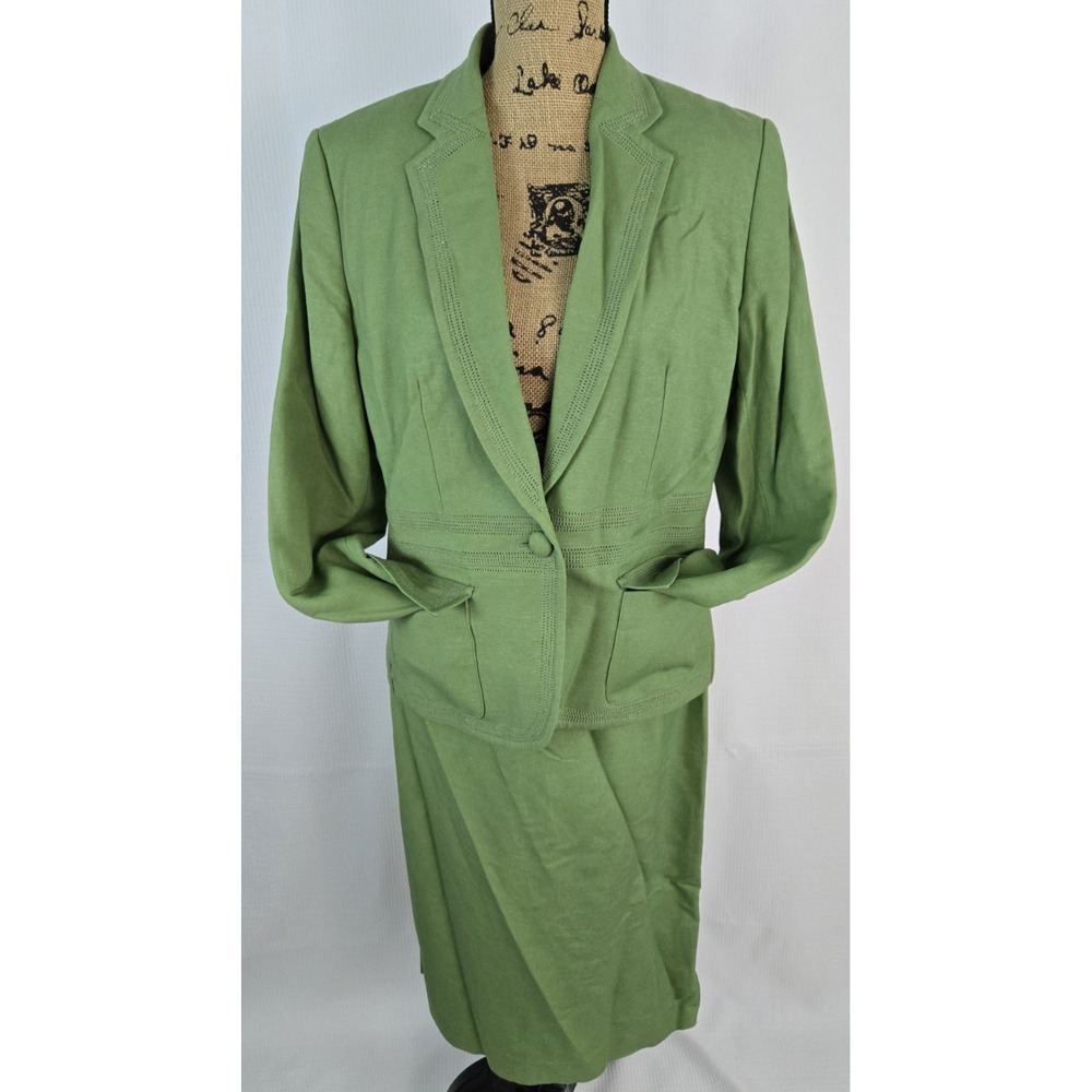 Emily Green women 2 piece one button notch lapel collar green skirt suit size 8